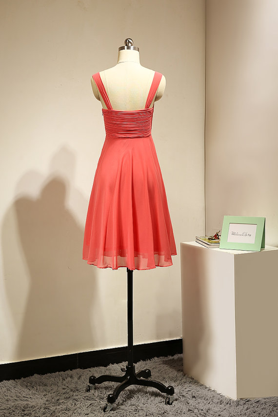 Short Chiffon Halter Hi-Lo Bridesmaid Dress Prom Gown - Coral, A-Line, High-Low Hem