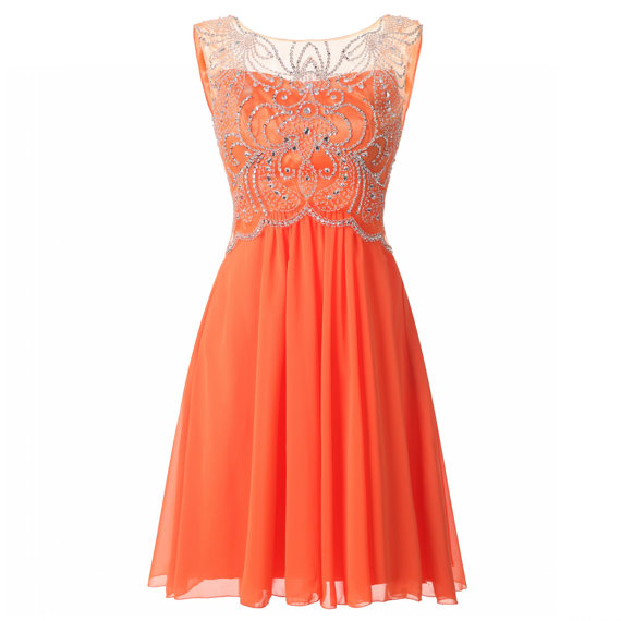 Charming Sheer Neck Chiffon Orange Dresses,luxury Short