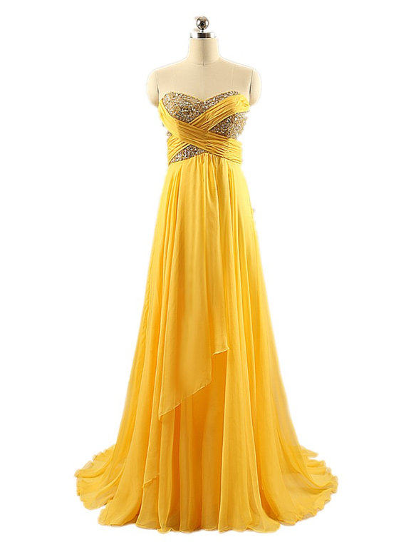 Charming Yellow Floor Length Chiffon Rhinestones Beaded Embellished Sweetheart Prom Dresses