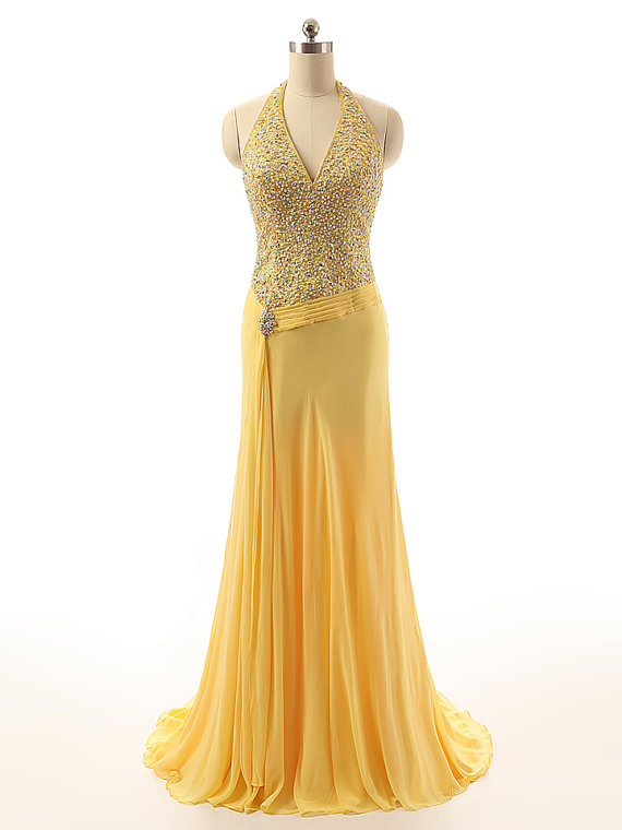 Sparkly Halter Chiffon Rhinestones Beaded Embellished Prom Dresses With Halter Neckline
