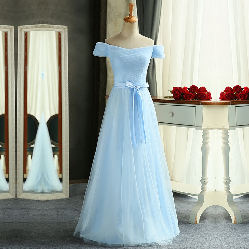Charming Long Light Blue Ruched Off The Shoulder Tulle Prom Dresses With Belt Bowknot