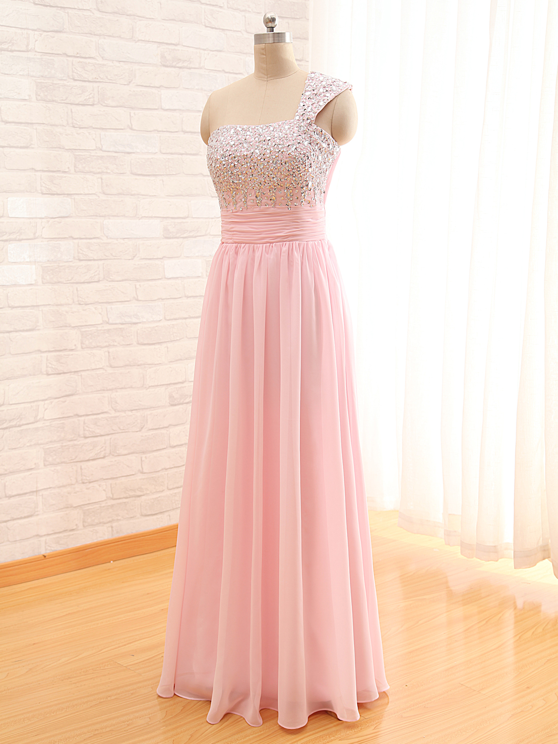 Marvelous Pink One Shoulder Formal Dresses Floor Length Ruched Beaded Embellished Chiffon Party Prom Gowns