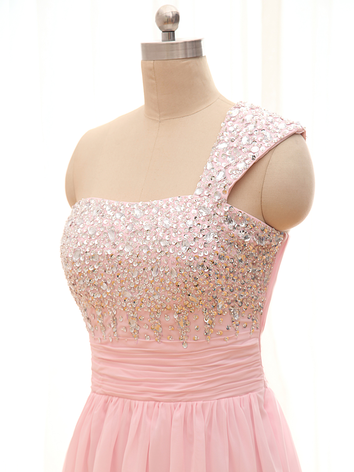 Marvelous Pink One Shoulder Formal Dresses Floor Length Ruched Beaded