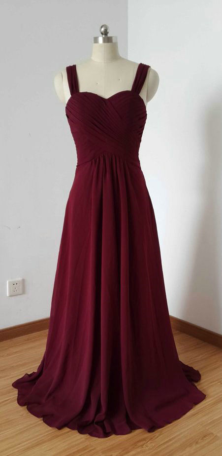 Simple Burgundy Formal Dresses Floor Length Spaghetti Straps Chiffon Party Prom Gowns
