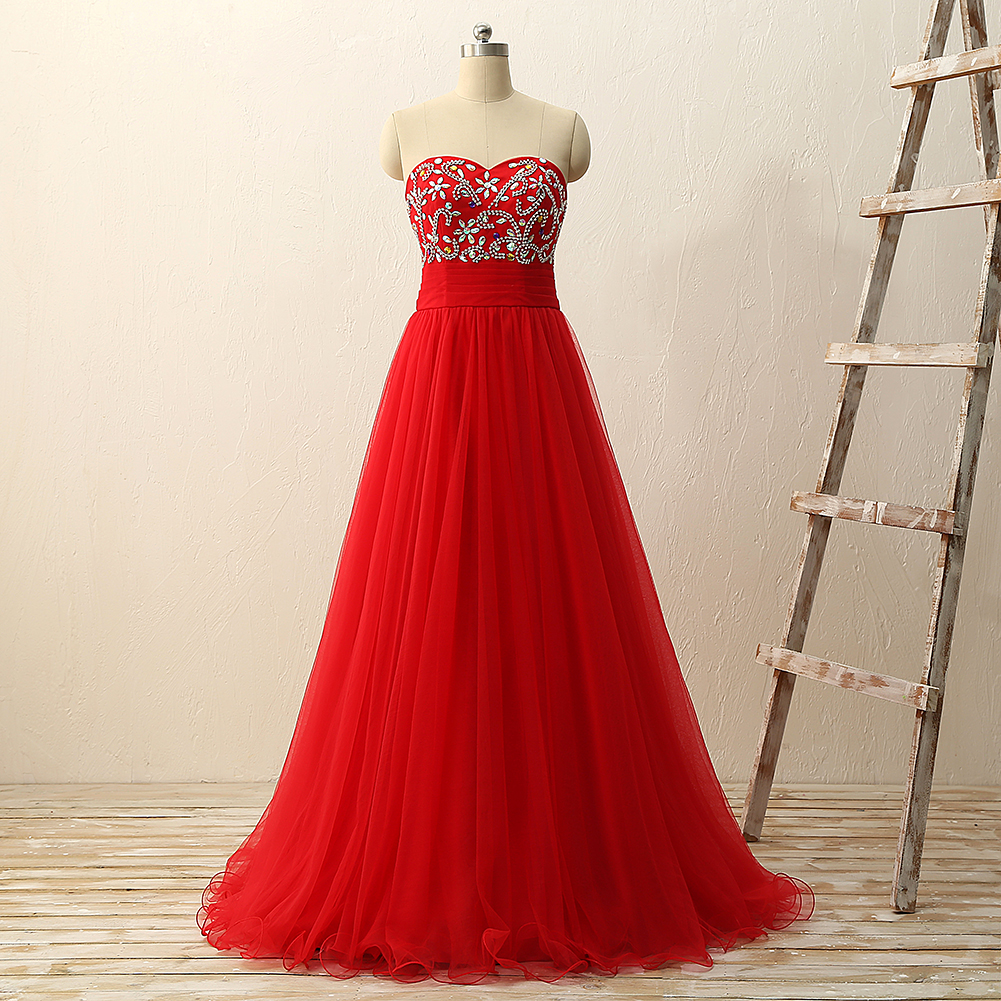 2016 Strapless Beaded Prom Dresses Long Elegant Prom Gowns Sexy Sweetheart Red Evening Dresses Party Dress Robe De Soiree
