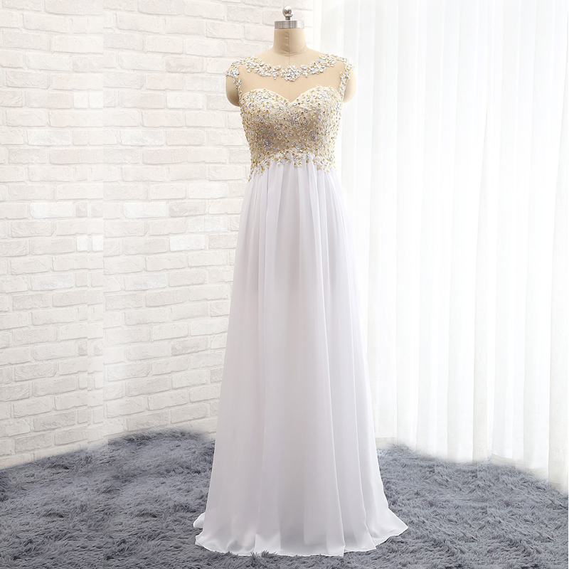 Sexy White Sheer Neck Prom Dresses Long Embellished Rhinestones Beaded Backless Evening Dresses