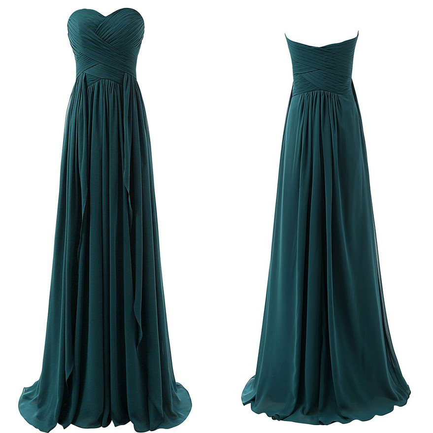 Elegant Long Dark Green Sweetheart Chiffon Prom Dresses With Ruched Bodice