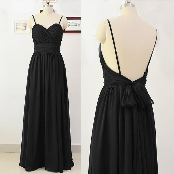 Charming Long Black Spaghetti Straps Chiffon Open Back Prom Dresses With Ruched Bodice