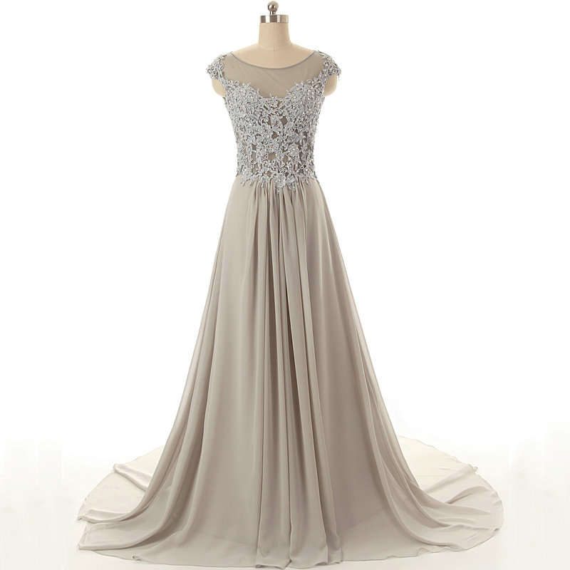 Fashion Illusion Neckline Gray Chiffon Evening Gowns Floor Length Lace Appliques Chapel Train Prom Dresses