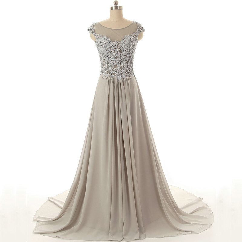 Illusion Neck Lace Top Long Chiffon Dresses Steel Grey Plus Size