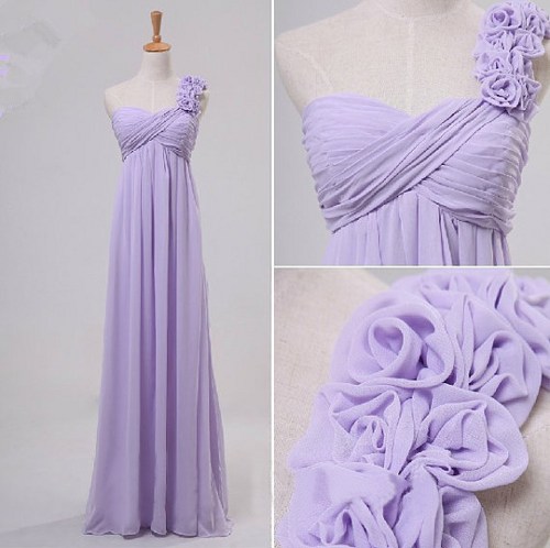 Charming Lavender Floral One Shoulder Prom Gowns Floor Length Ruched Chiffon Formal Dresses