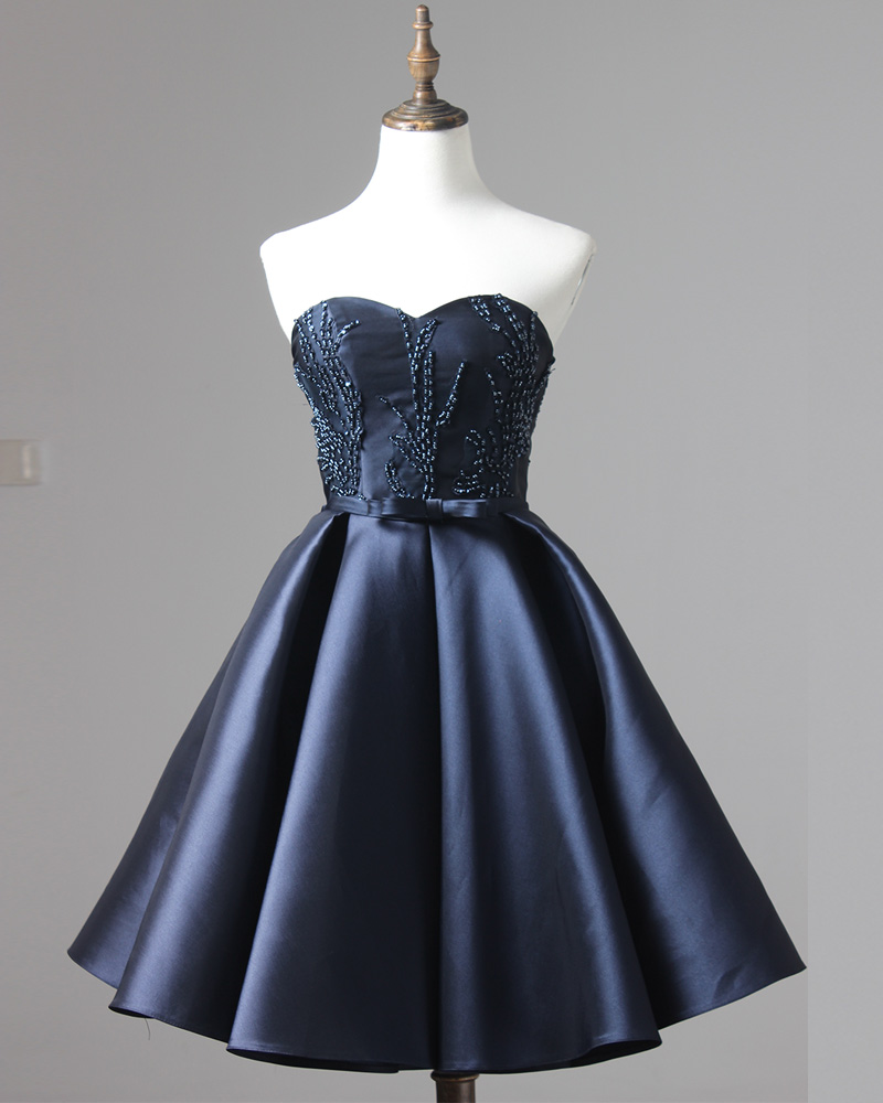 Satin Navy Blue Short Homecoming Dress Featuring Beaded Sweetheart Bodice And Bow Accent Belt