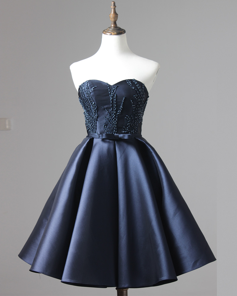 Satin Navy Blue Short Homecoming Dress Featuring Beaded Sweetheart Bodice and Bow Accent Belt