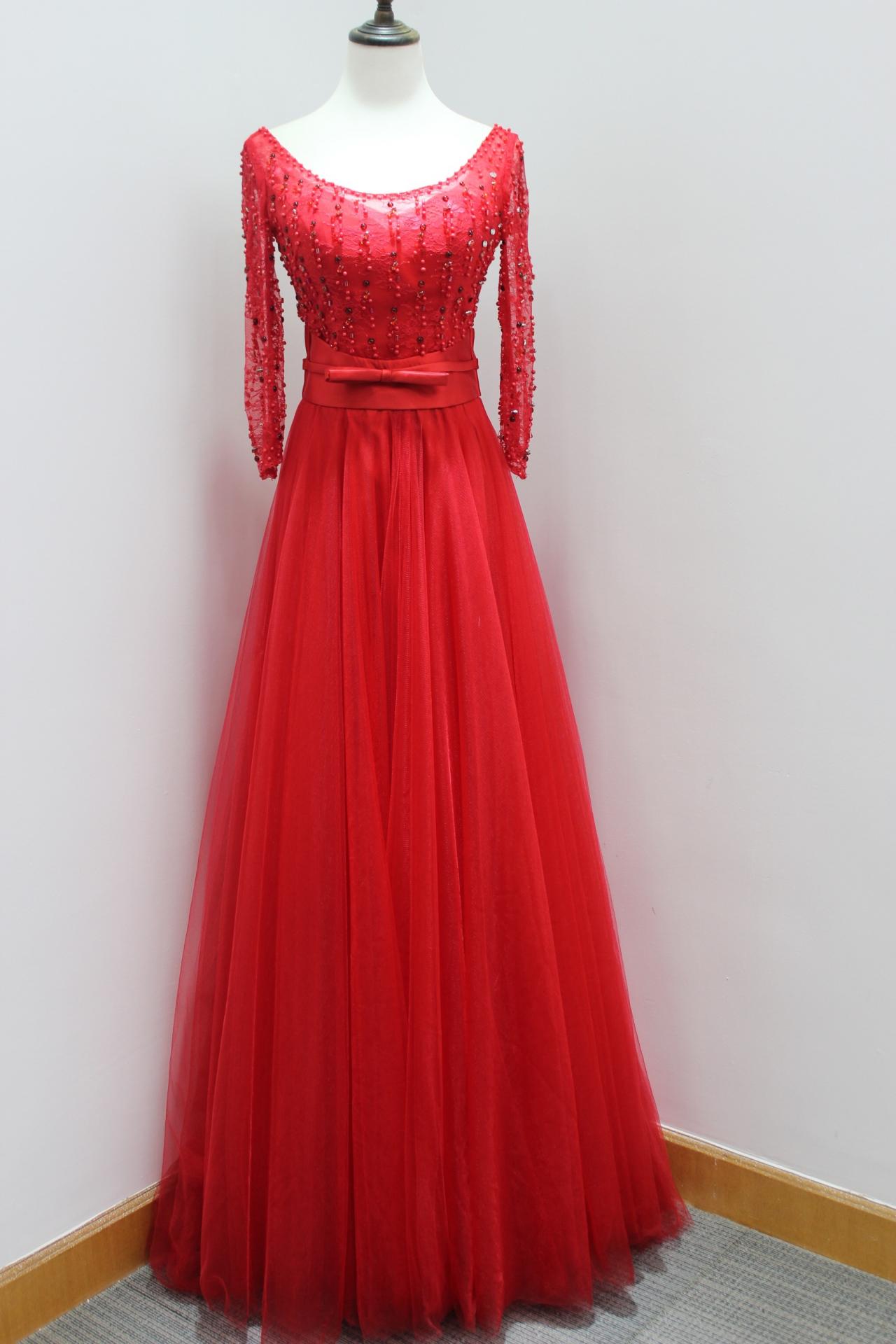 Sexy Red Long Sleeve Evening Dresses With Illusion Neckline Beaded Prom Dress Long Elegant Tulle Formal Gowns