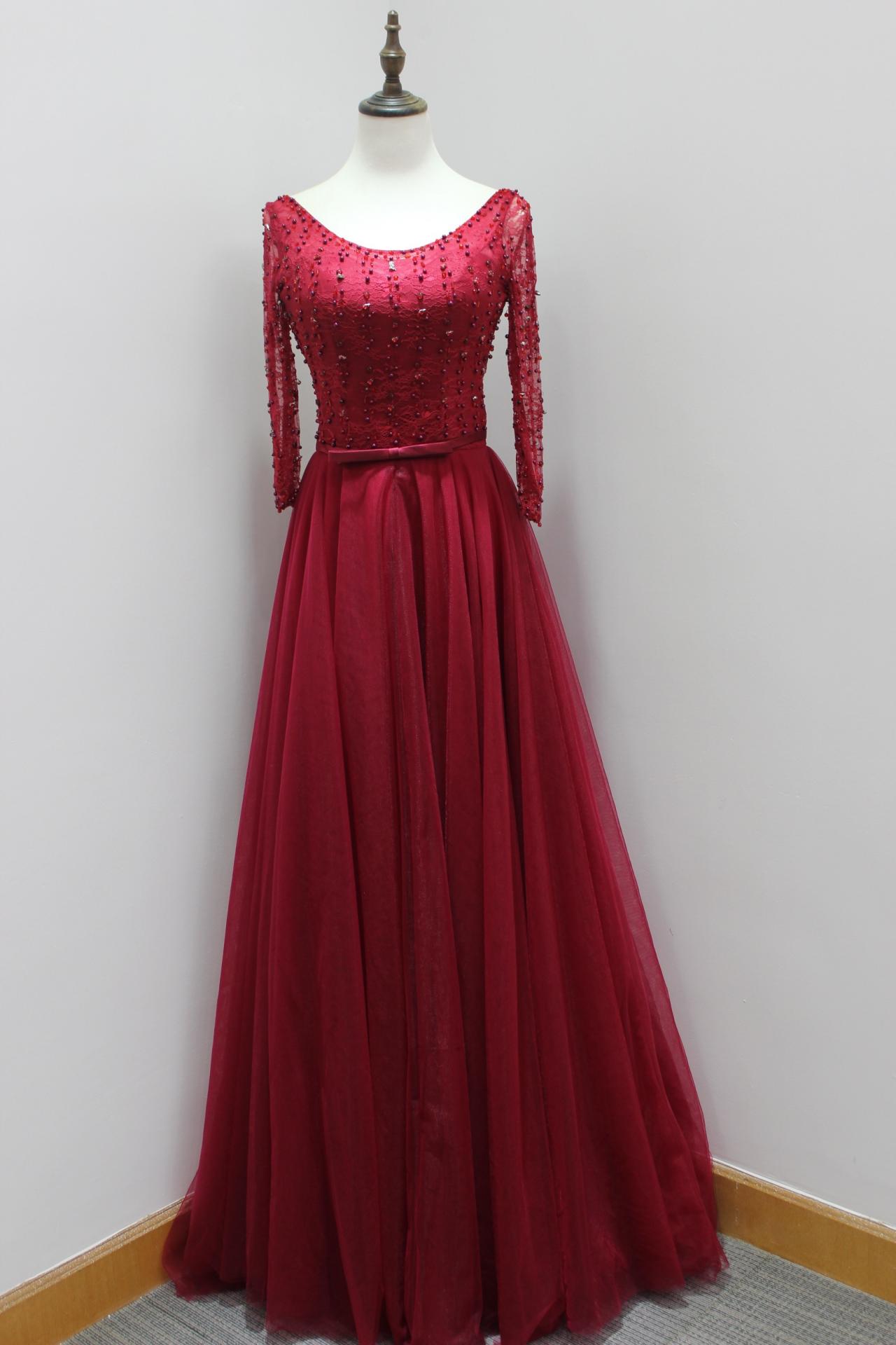 Elegant Burgundy Long Sleeve Evening Dresses With Illusion Neckline Beaded Prom Dress Long Tulle Formal Gowns