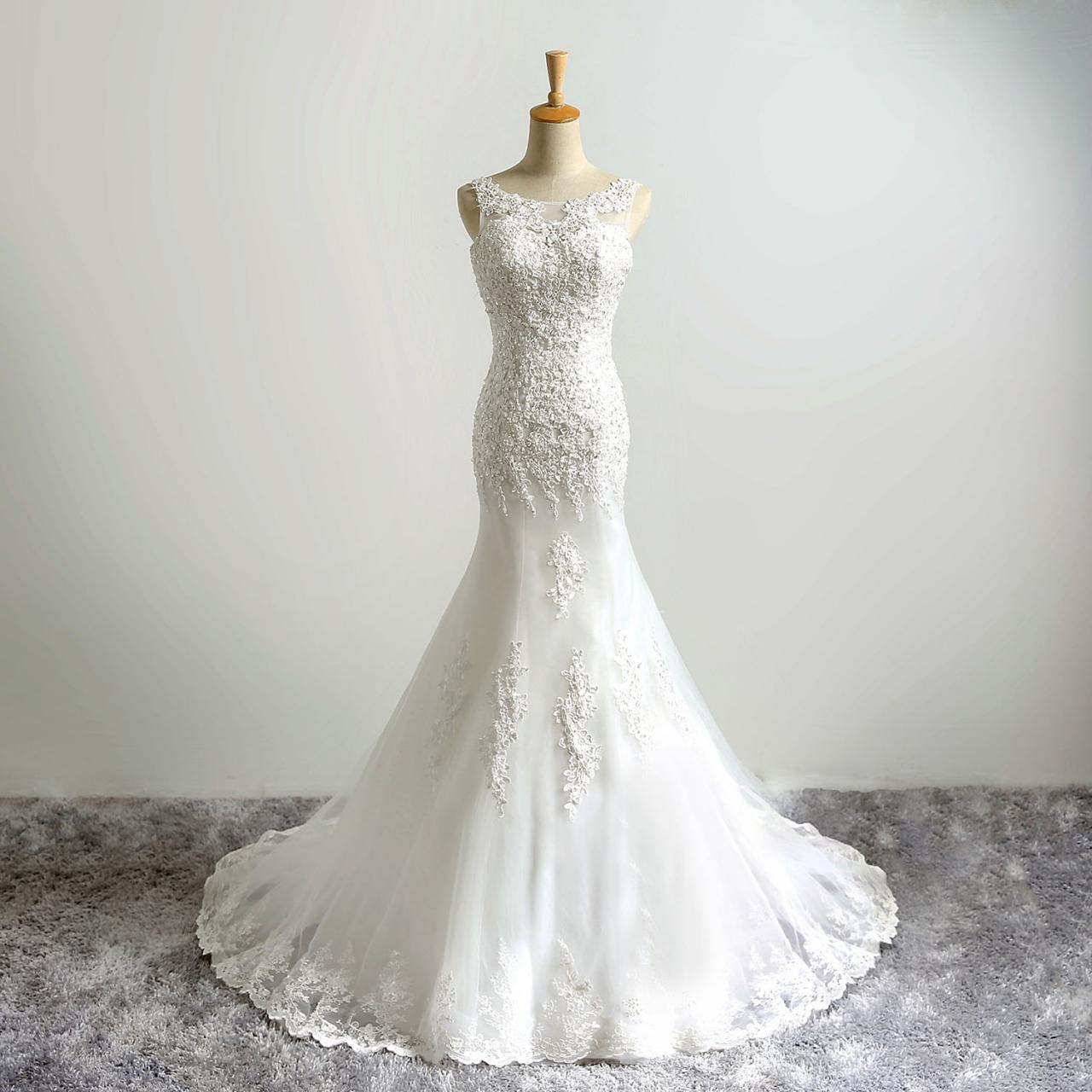 Lace Appliqué And Beaded Tulle Trumpet Wedding Dress Featuring Sheer Bateau Neckline And Lace-up Back