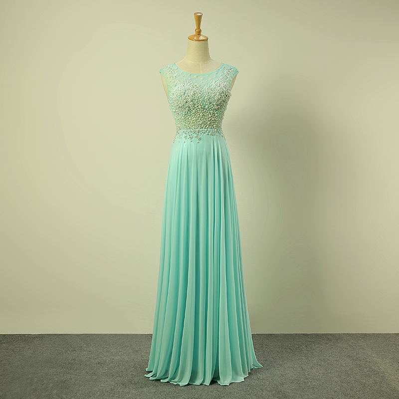 Sexy Long Mint Green Illusion Jewel Neckline Beaded Prom Dresses With See Through Back - Evening Gowns, Formal Dresses