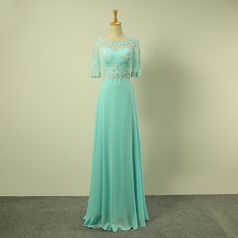 Floor Length Mint Green Illusion Jewel Neckline Prom Dresses With Half Sleeves- Evening Gowns, Formal Dresses