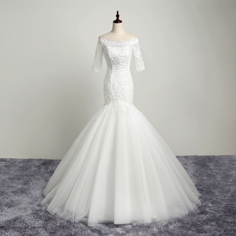 Brilliant Beaded Mermaid Wedding Dresses With Half Sleeve Long Tulle Backless Scoop Neckline Bridal Gowns