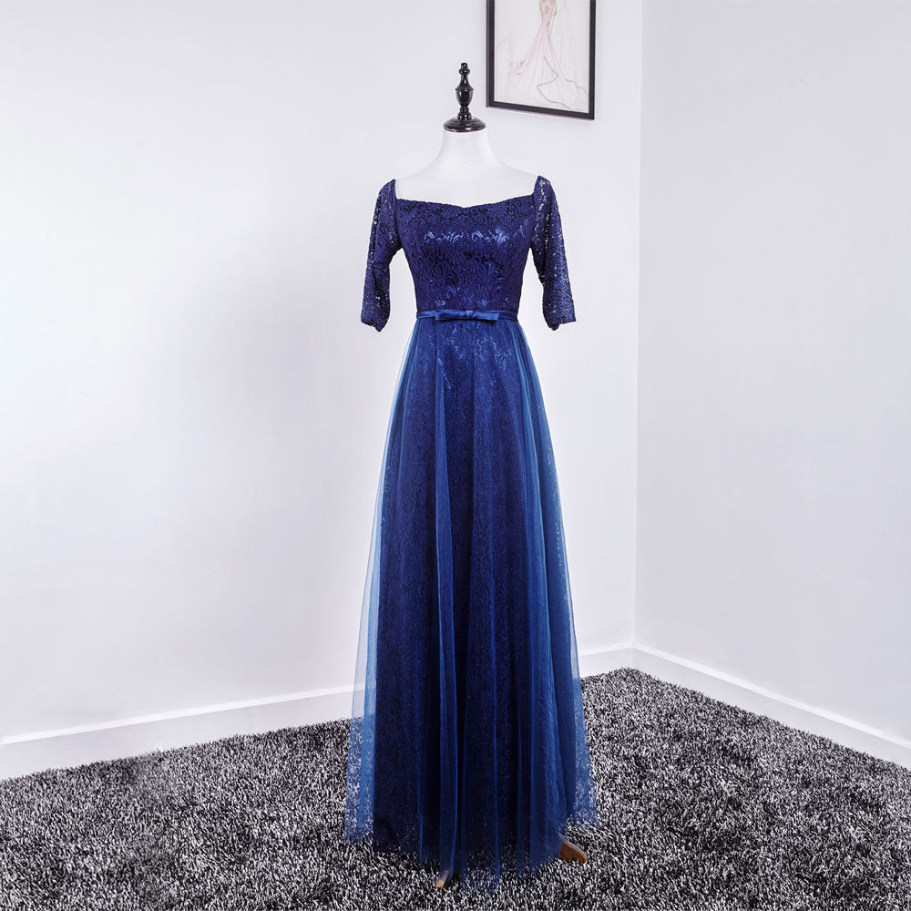 Long Navy Blue Evening Dresses Half Sleeve Lace Prom Dress Long Elegant Formal Gowns Robe De Soiree