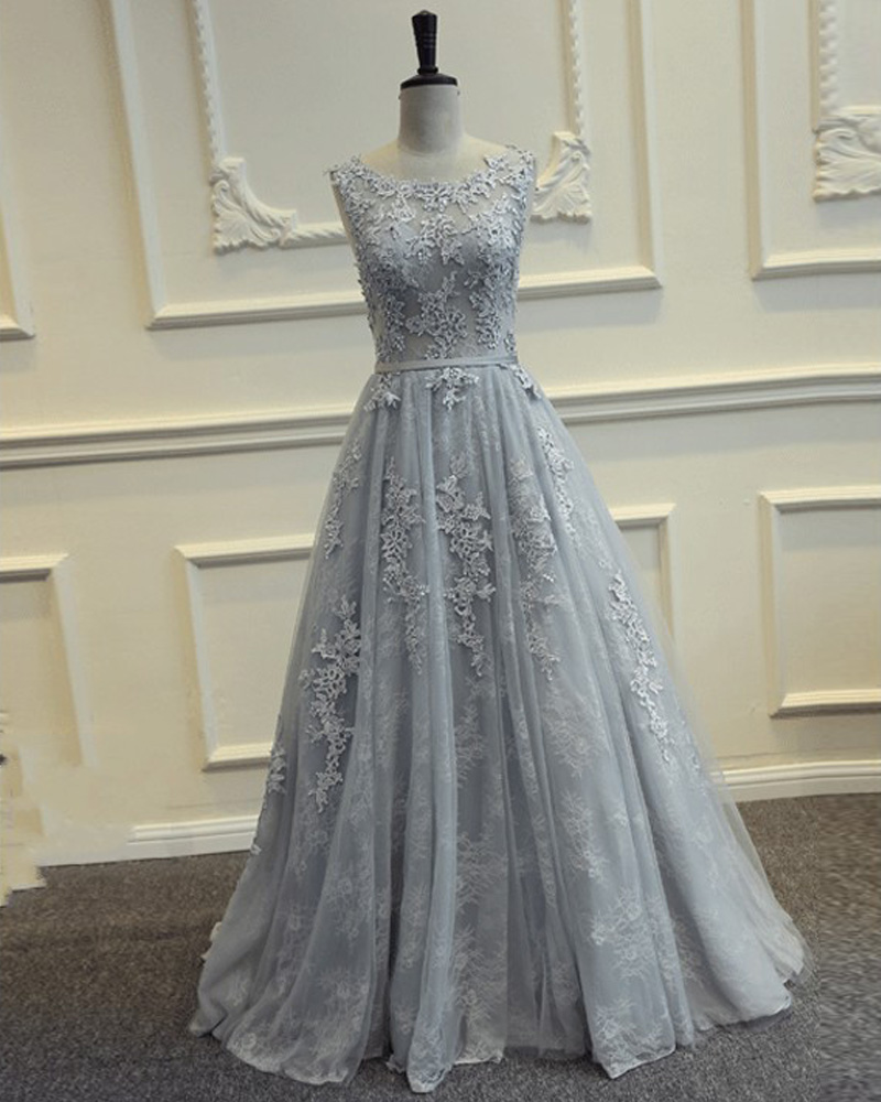 Gray Scoop Tulle Prom Dresses, V-Back Lace Prom Dresses, Bridesmaid Dress
