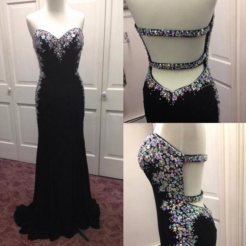 Sexy Long Black Rhinestones Trumpet Prom Dresses Sexy Backless Evening Dresses 2016 Real Photo Women Party Dresses Formal Gowns