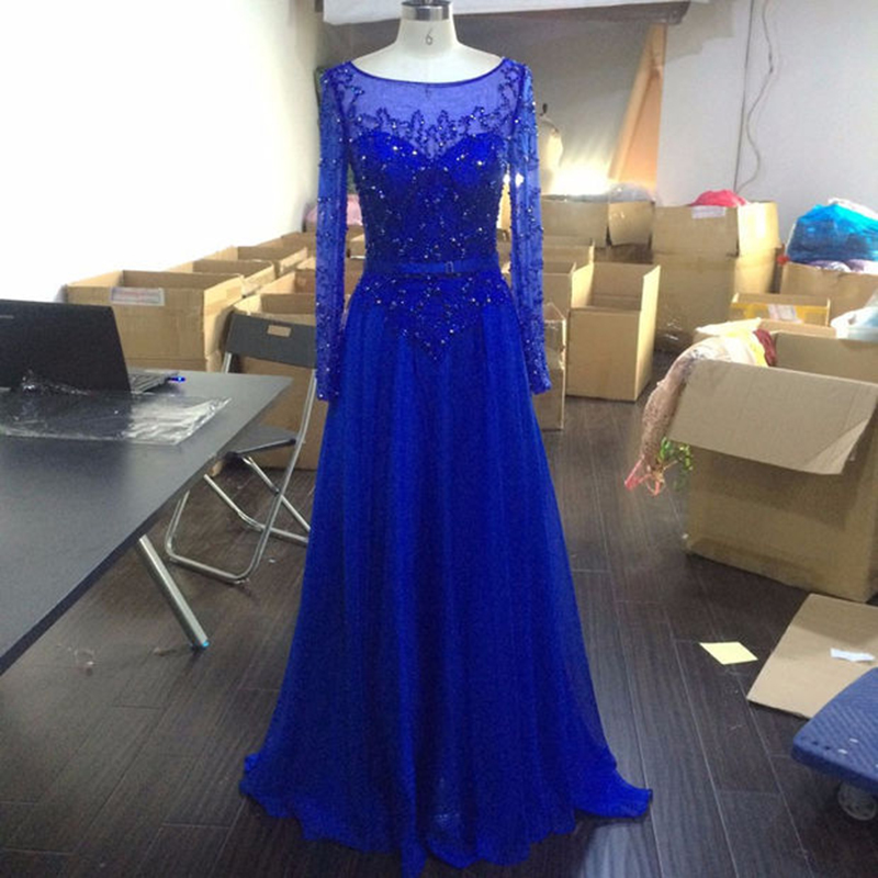 Royal Blue Floor Length Chiffon Evening Dress Featuring Beaded Bodice With Sheer Bateau Neckline And Long Sleeve