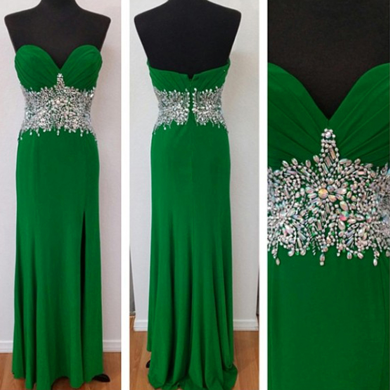 Green Floor Length Beaded Chiffon Evening Dress Featuring Ruched Bodice And Side Split Long Elegangt Formal Prom Dresses