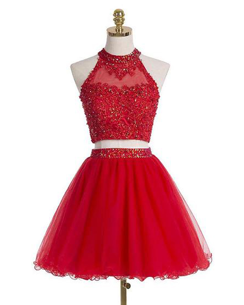 Red Beaded Two Piece Homecoming Dresses, Short Halter Organza Prom Dresses