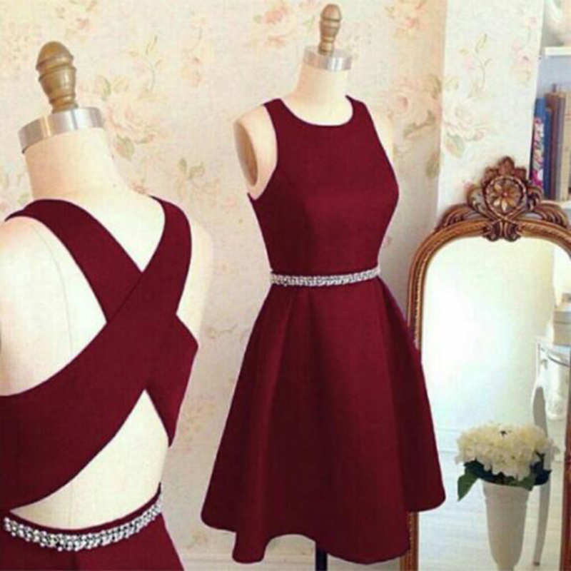Burgundy Satin Homecoming Dresses With Cross Back,elegant Short Prom Gowns