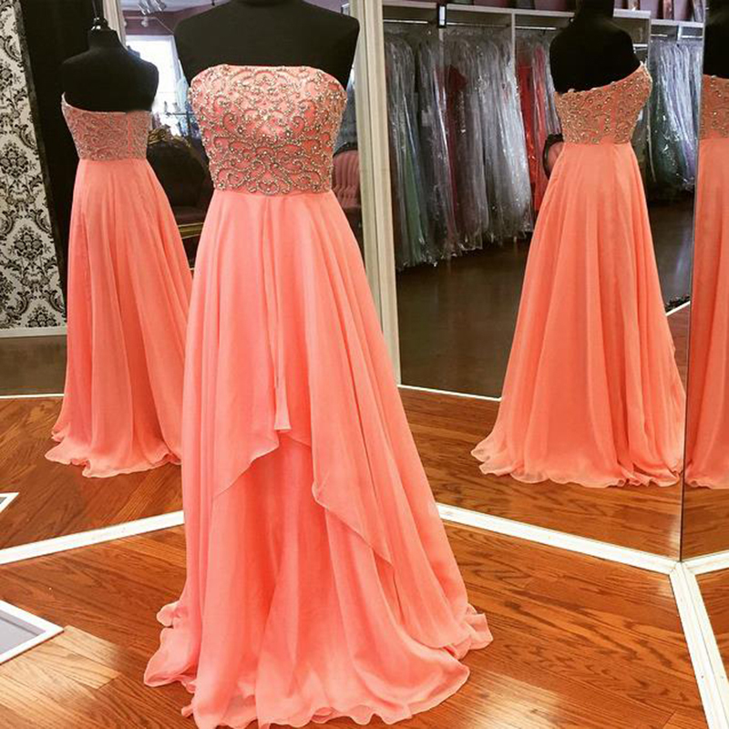 Charming Chiffon Floor Length Strapless Coral Prom Dress , Party Dresses, Evening Dresses 2017 