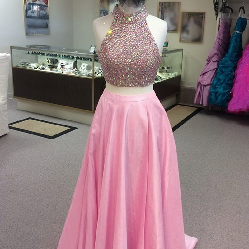 Long Pink Satin A-line Formal Dress Featuring Rhinestone Beaded Bodice,long Elegant Prom Dresses,two Piece Prom Dress