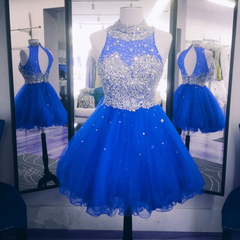 Blue Beaded One Shoulder Mini Prom Dresses Short Evening Dresses 2017 Graduation Cocktail Dresses Real Photo Women Party Dresses Formal Gowns