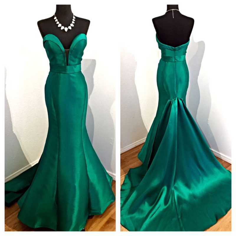 Charming Long Hunter Green Satin Plunge V Neck Formal Dresses - Evening Gowns, Prom Dresses