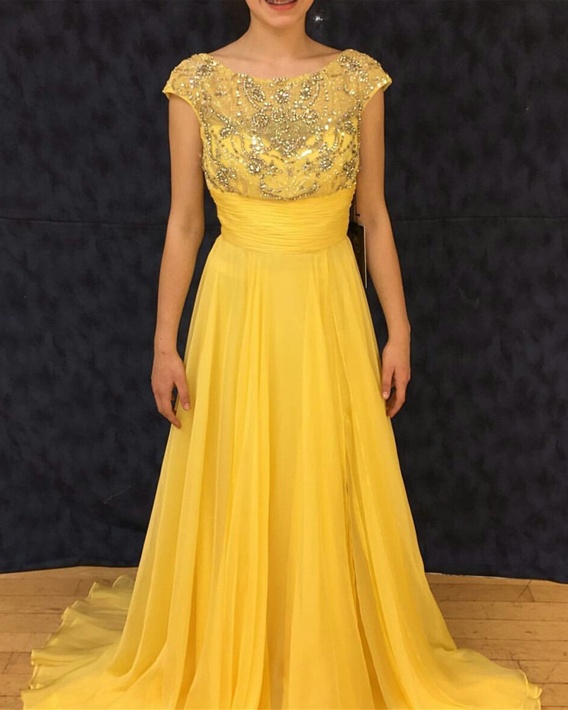 long yellow chiffon dress