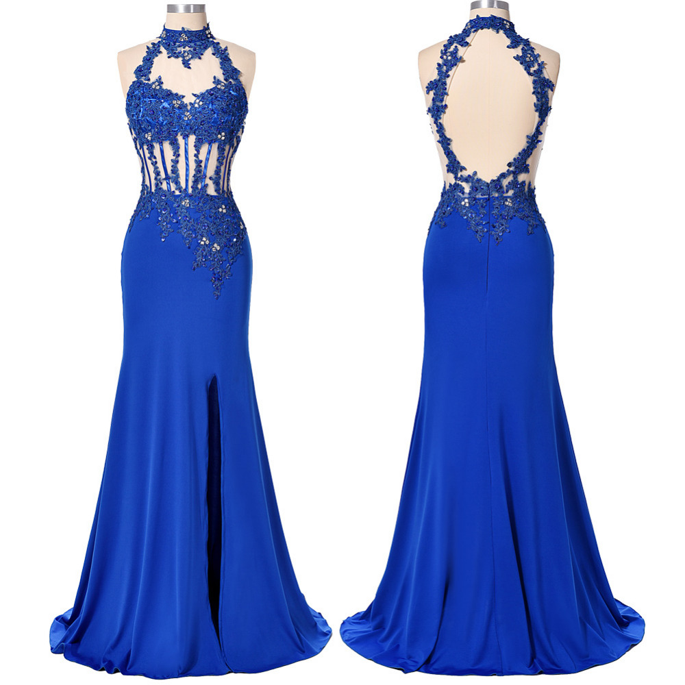 Elegant Long Royal Blue Chiffon Mermaid Formal Dresses Showcases Sheer Halter Neckline And Open Back - Evening Gowns, Prom Dresses