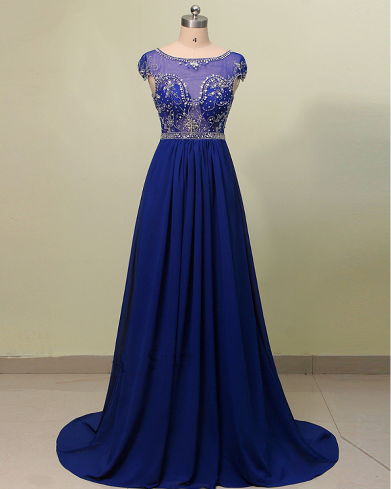 Royal Blue Floor Length Elegant Chiffon Bridesmaid Dress Featuring Sheer Bateau Neckline And Beaded Cap Sleeve
