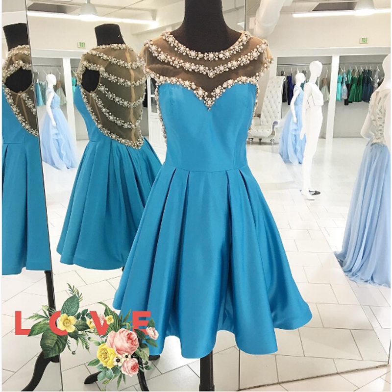 Sky Blue Satin Short A-line Dress Featuring Sheer Bateau Neckline