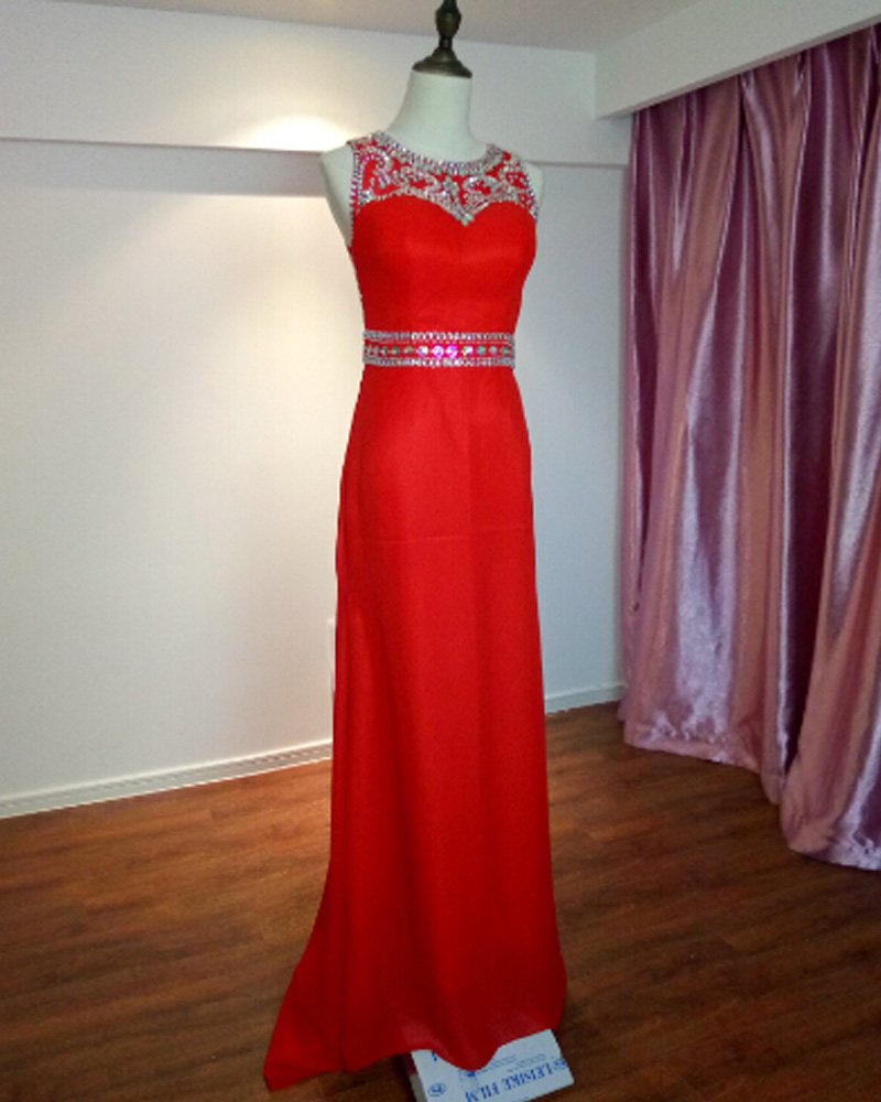 Red Floor Length Chiffon Formal Dresses Featuring Rhinestone Beaded Bodice And Court Train -- Prom Gown, Evening Dresses