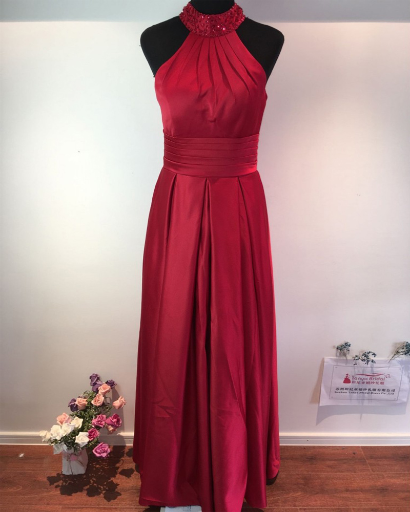 Floor Length Satin Red Formal Dresses Featuring Beaded Halter Neckline -- Prom Gown, Evening Dresses