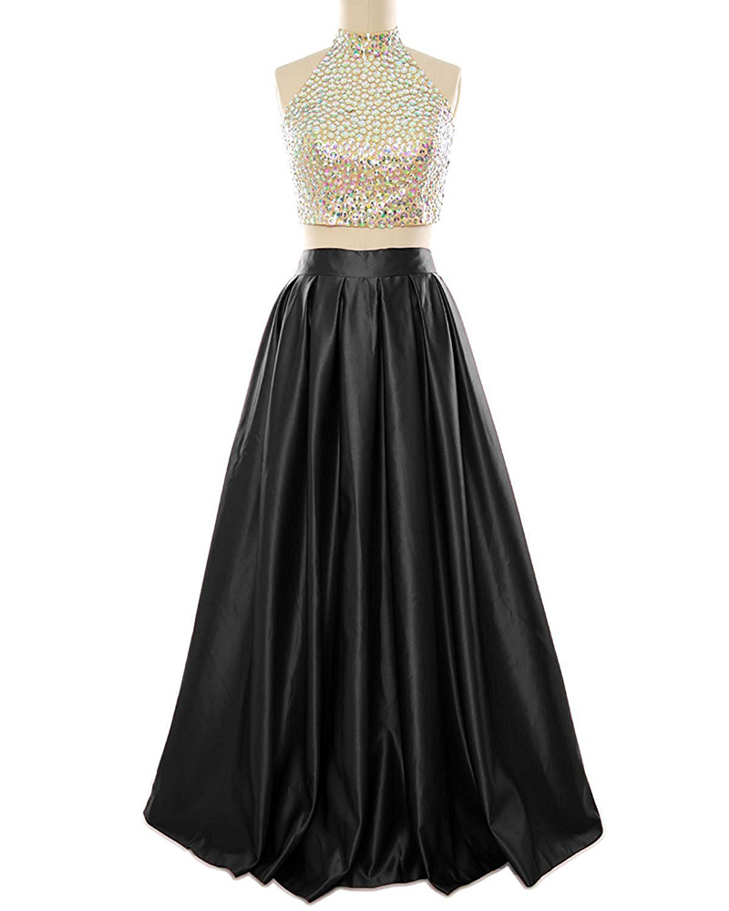 Floor Length Satin Backless Formal Dresses Featuring Rhinestones Halter Neckline -- Two Piece Prom Dress, Evening Gowns