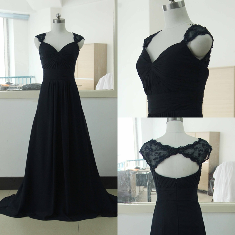 Long Black Chiffon Formal Dresses Featuring Ruched Bodice With V Neck -- Long Elegant Prom Dress, Sexy Evening Gown