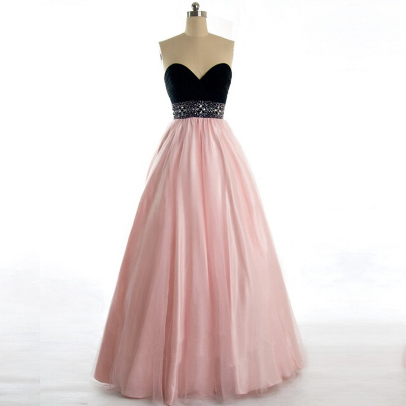 Pink Floor-length Strapless Sweetheart Prom Gown With Jewel-embellished Waistband
