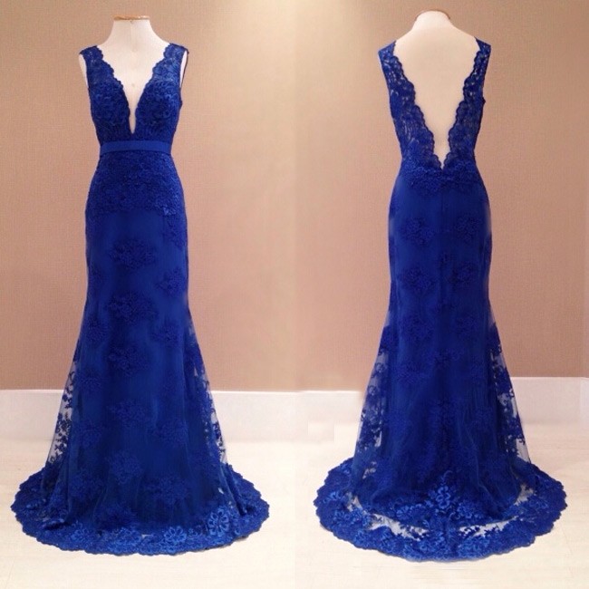 Royal Blue Plunging V Sleeveless Lace Appliqués Mermaid Long Prom Dress, Evening Dress Featuring Low V Back