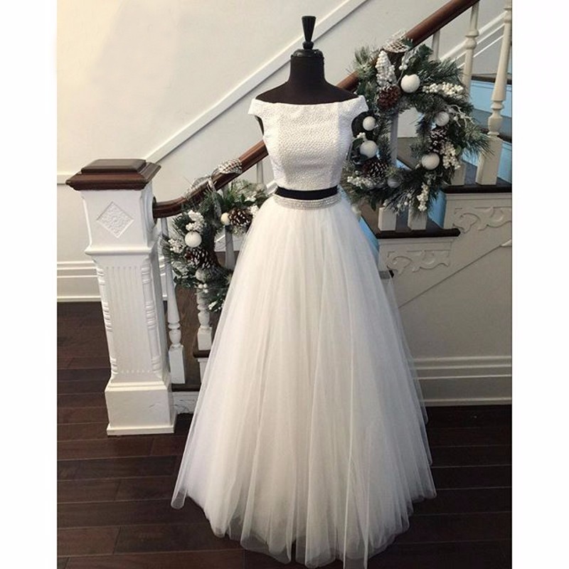 Charming White A Line Evening Dresses Beaded Off The Shoulder Long Elegant Two Piece Prom Dress Robe De Soiree Formal Gowns