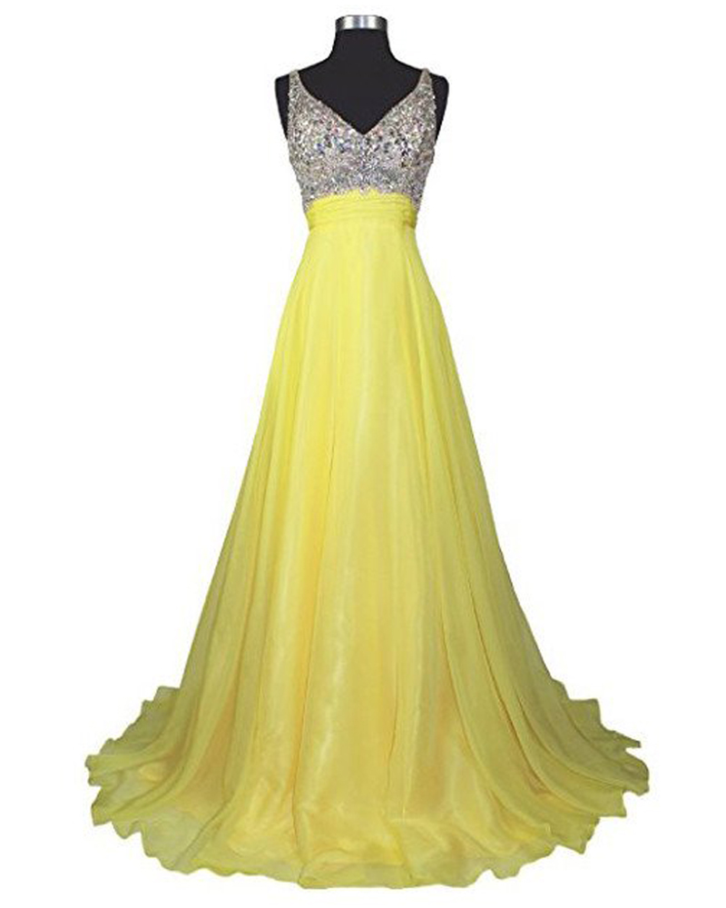 2017 Yellow Long V Neck A Line Evening Dresses Rhinestone Party Dress Robe De Soiree Formal Gowns