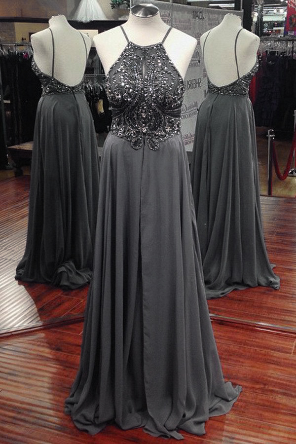 Sexy Gray Rhinestone Beaded Chiffon Formal Dress Featuring Halter Neckline And Open Back