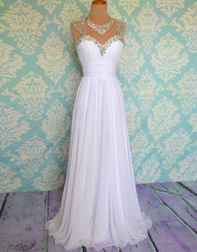 Sexy White Cap Sleeve Chiffon Formal Dress Featuring Ruched Bodice With Beaded Sleeves