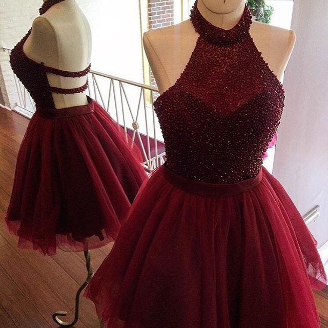 Short Burgundy Backless Tulle Dress Featuring Beaded Bodice With Halter Neckline