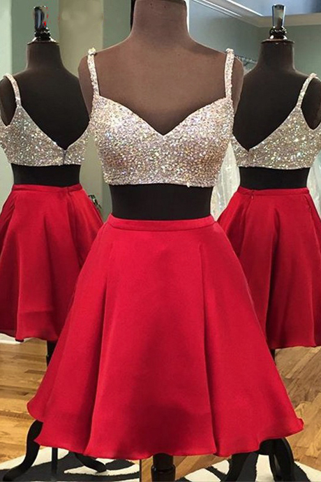 Short Red Satin Two Piece Dress Featuring Beaded Bodice And Spaghetti Straps